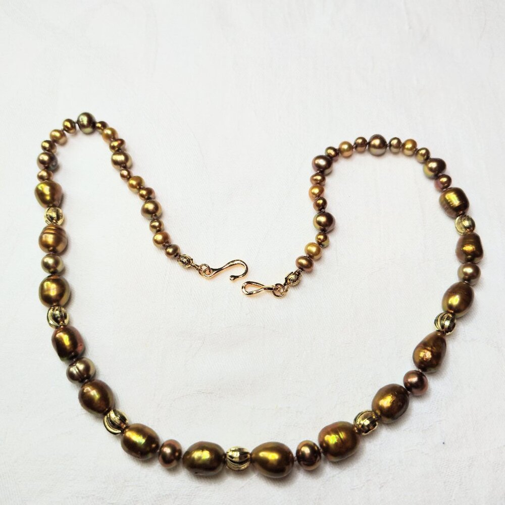 Pearl Necklace with Brass Swirl Beads - NEW